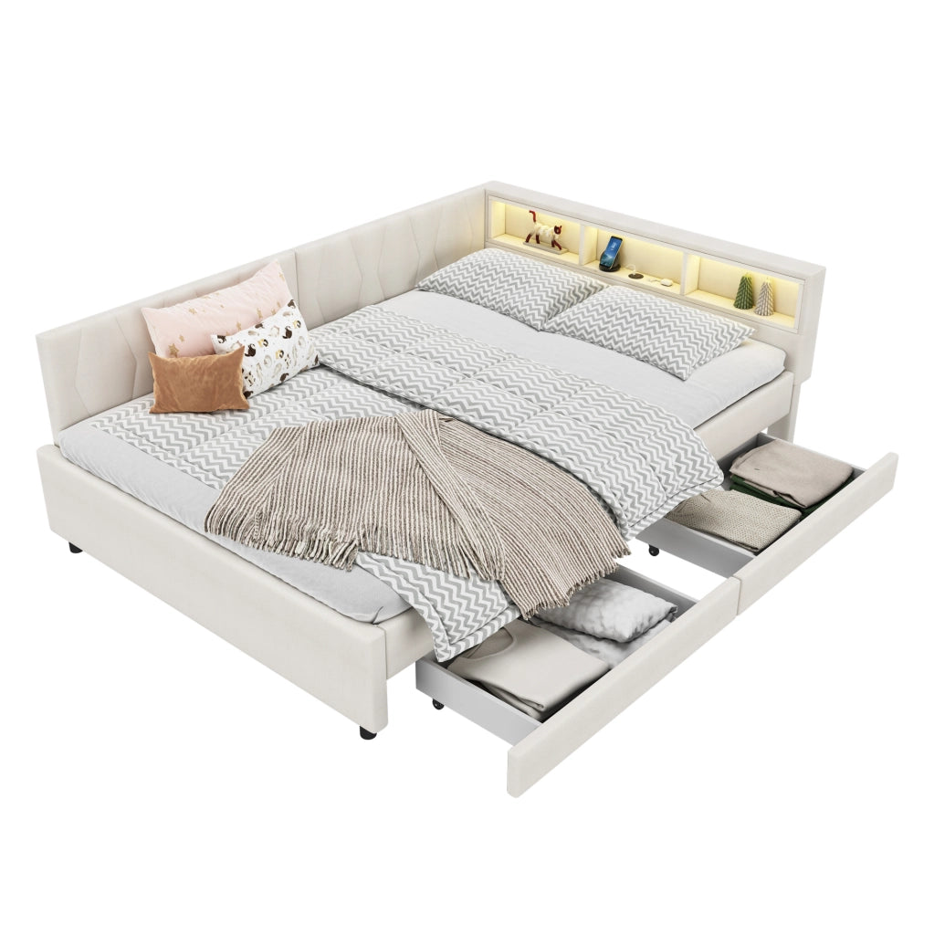 Divano letto 140x200 cm con LED, USB e 2 cassetti, beige