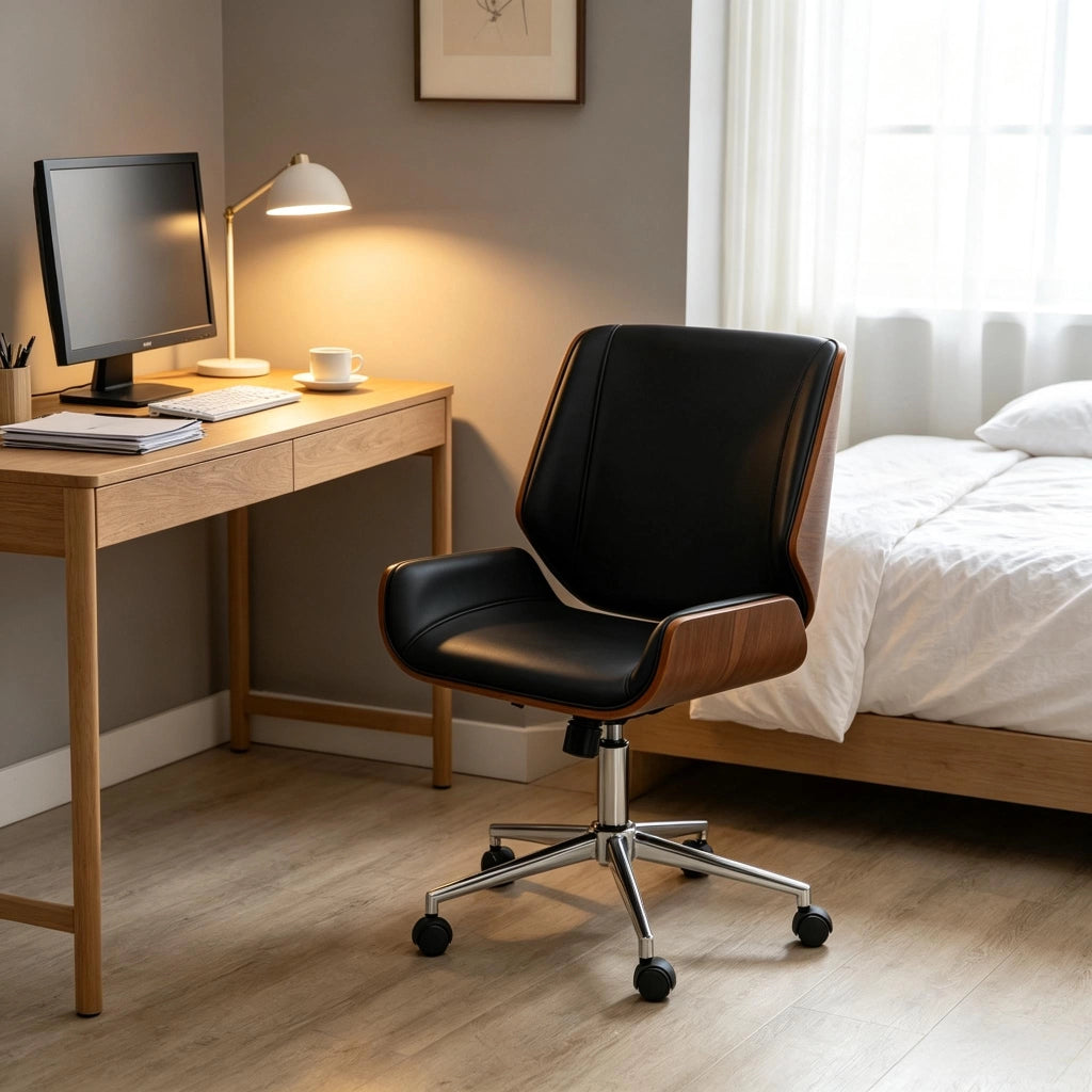 Sedia da ufficio ergonomica nera e marrone scuro, girevole e regolabile
