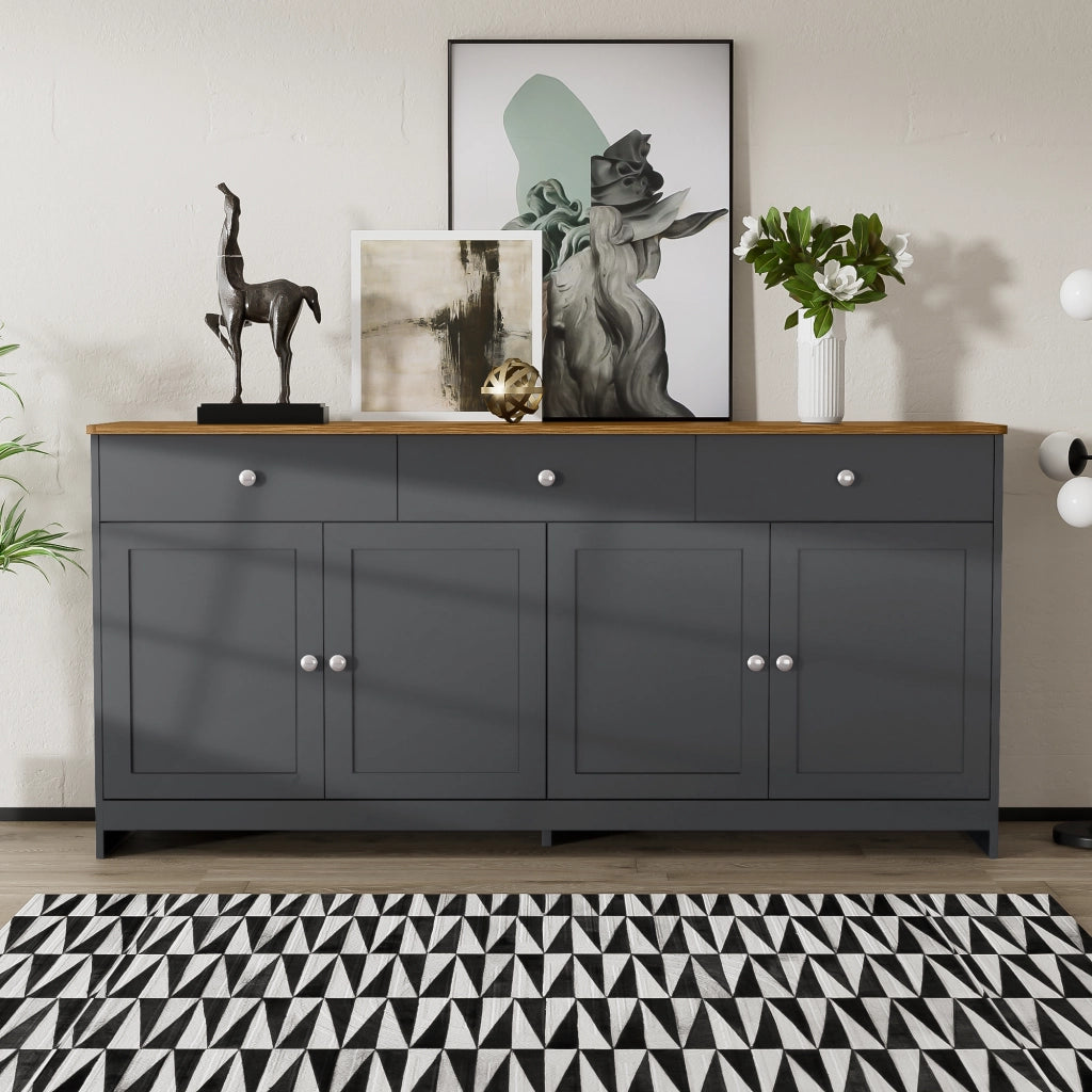 Credenza rustica a 4 ante e 3 cassetti, 160 cm, colore legno e grigio-nero