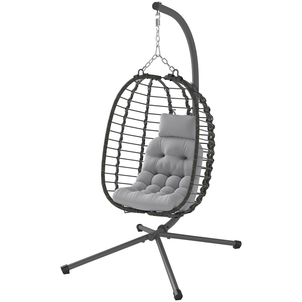Poltrona sospesa pieghevole in rattan sintetico con supporto e cuscini, grigio