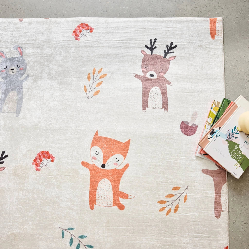 Tappeto interno per bambini bianco con stampe di animali