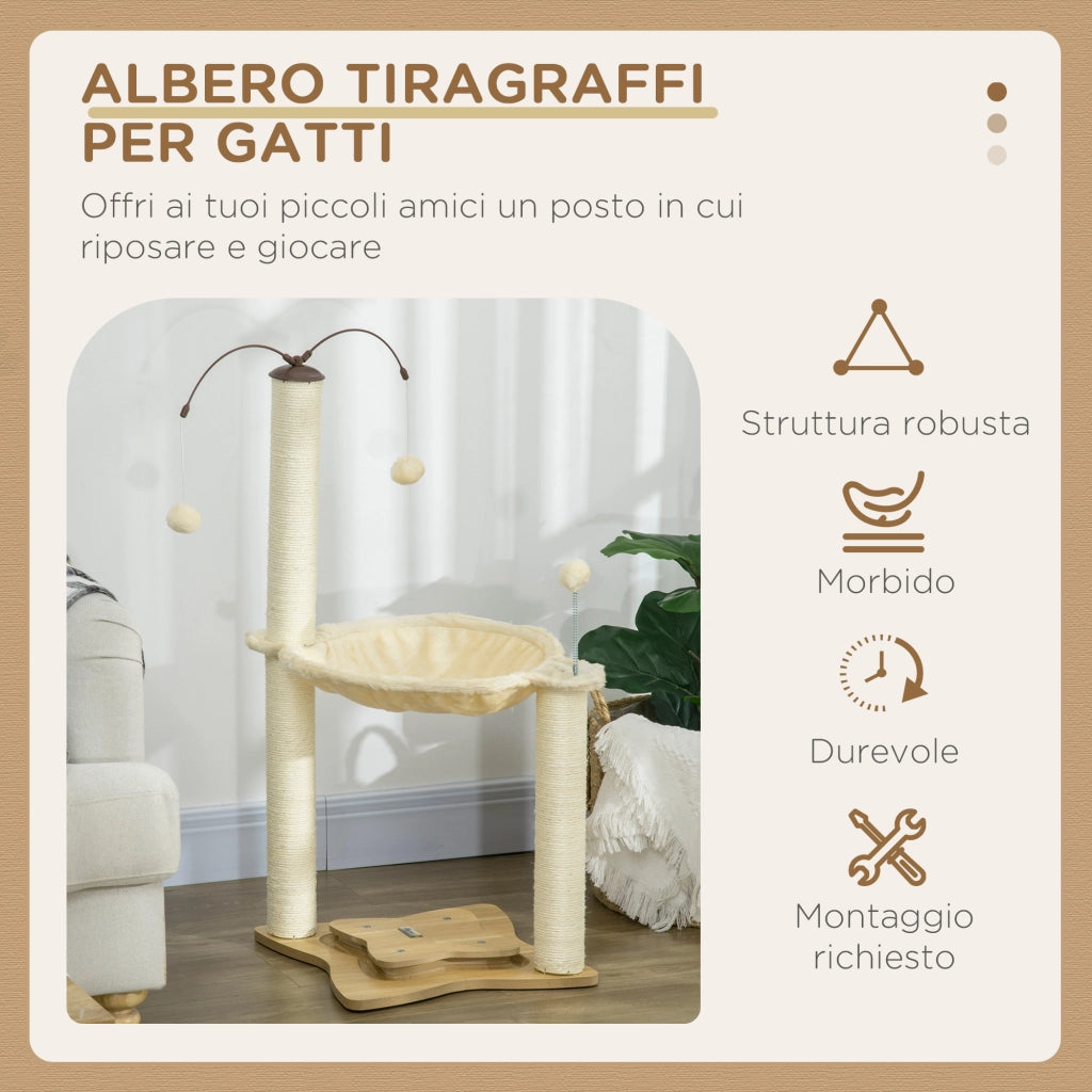 Tiragraffi per Gatti con Amaca e Palline ¨C Xylo ¨C Sisal Beige 53.5x53.5x90cm