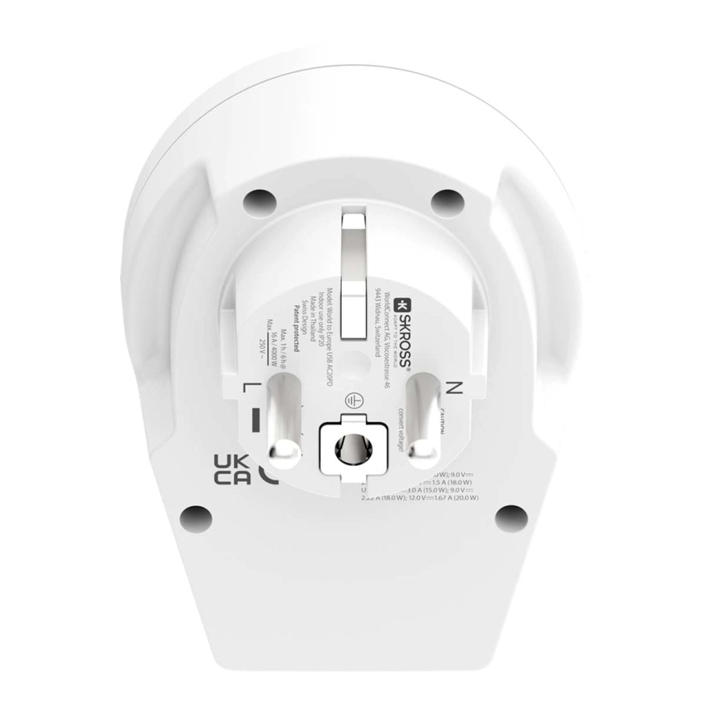 Adattatore Caricatore da Viaggio USB 18W e USB-C 20W Power Delivery Mondo a Europa Bianco Skross