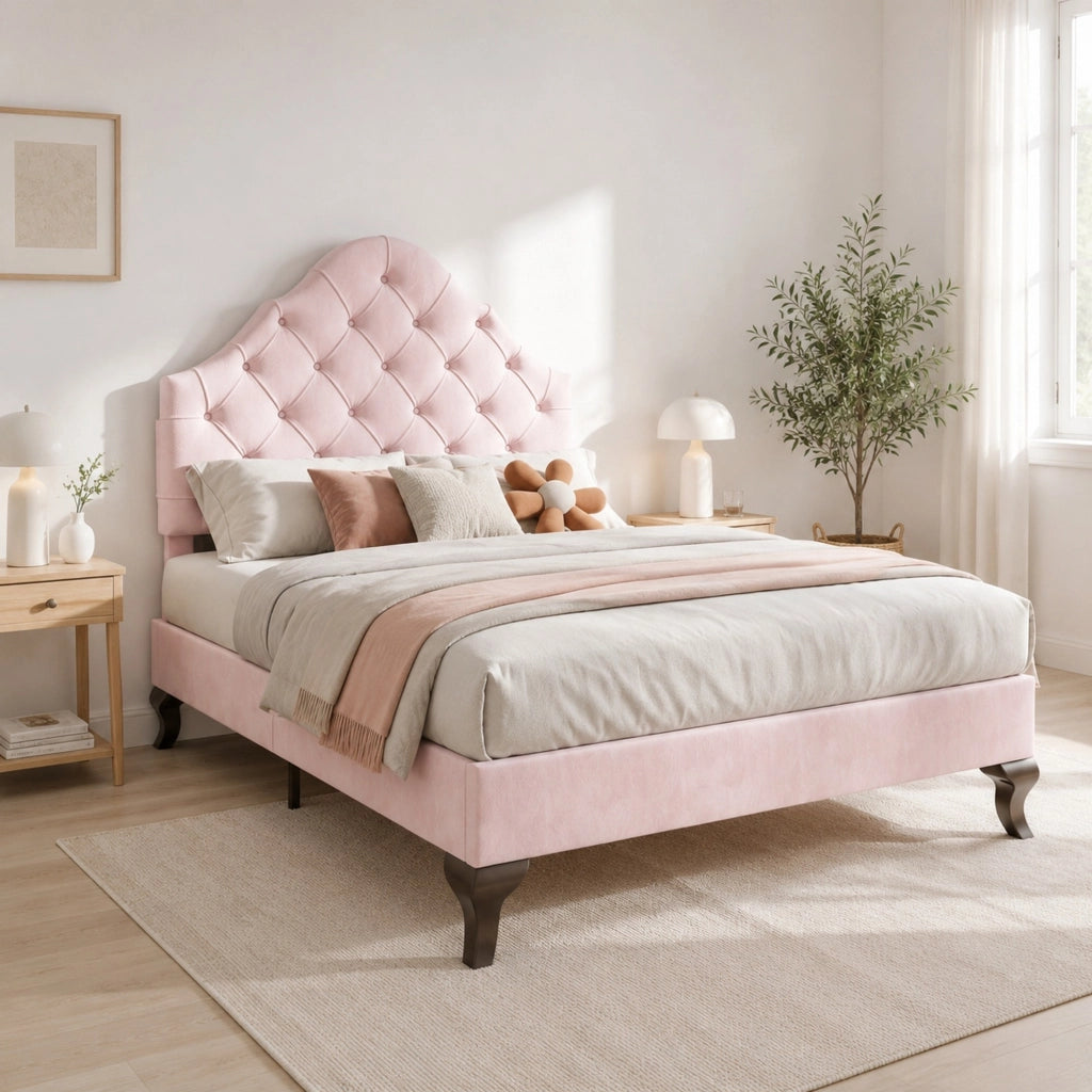 LETTO Imbottito 90x200 cm in velluto rosa con testiera regolabile