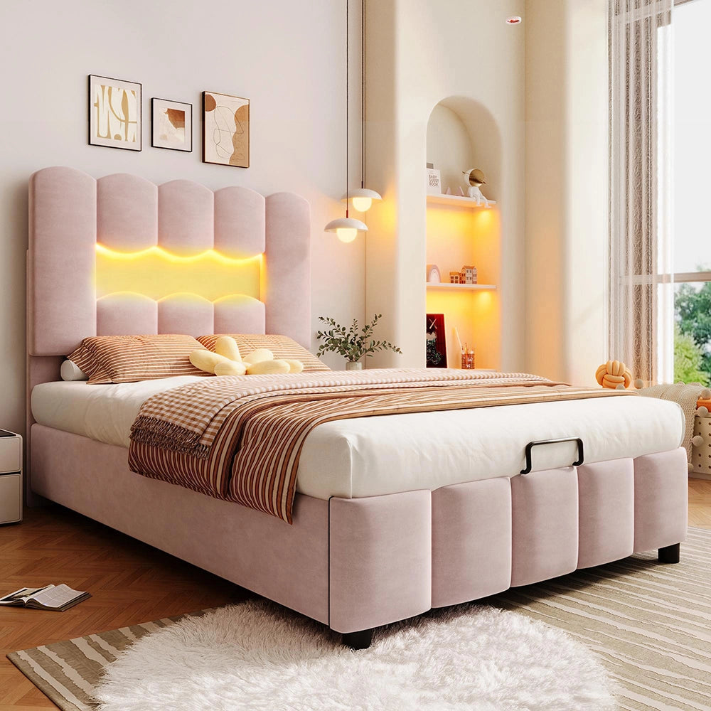 Letto 90x200cm?- Xylo - idraulico LED velluto rosa