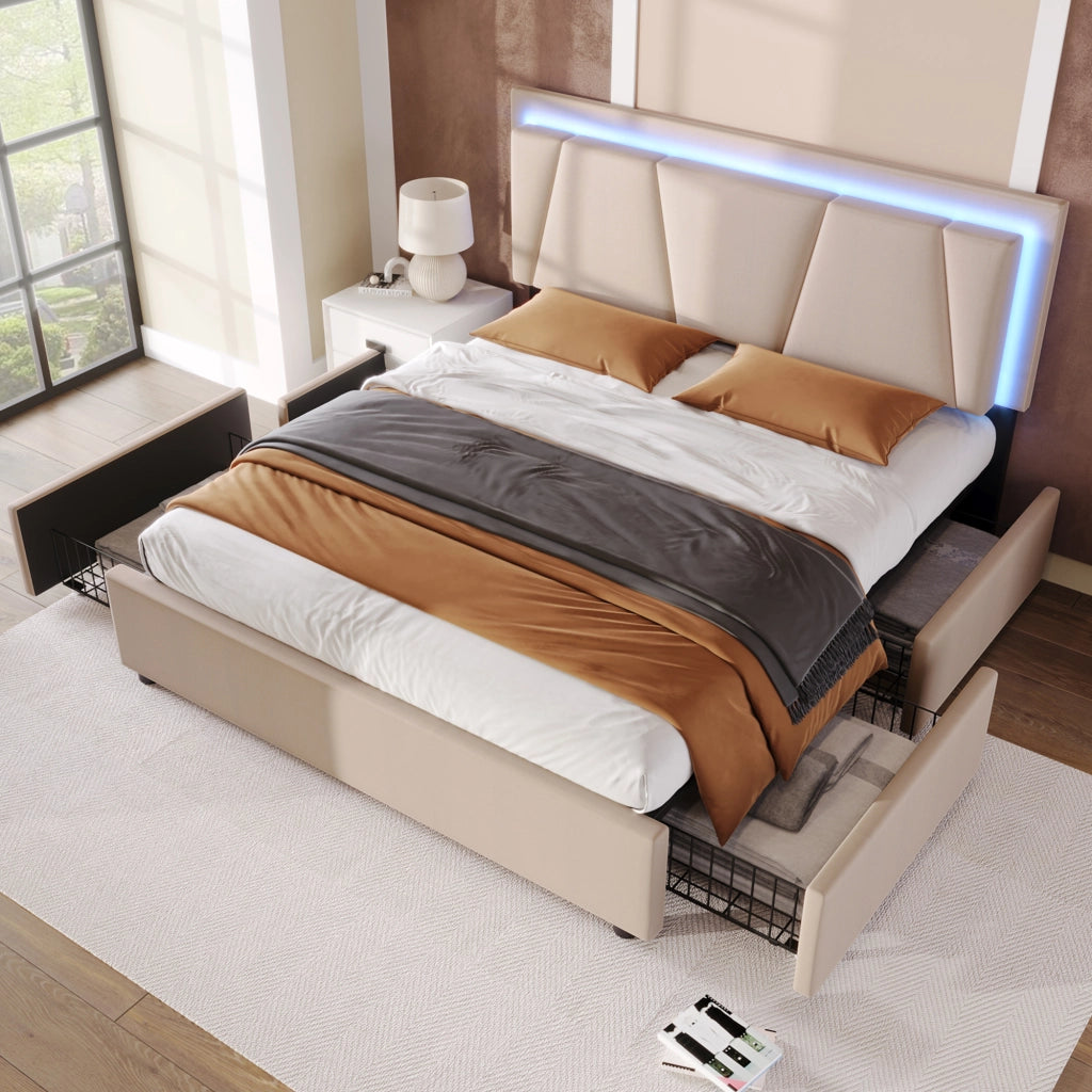 LETTO 140x200 cm Beige con testiera regolabile, LED e 4 cassetti