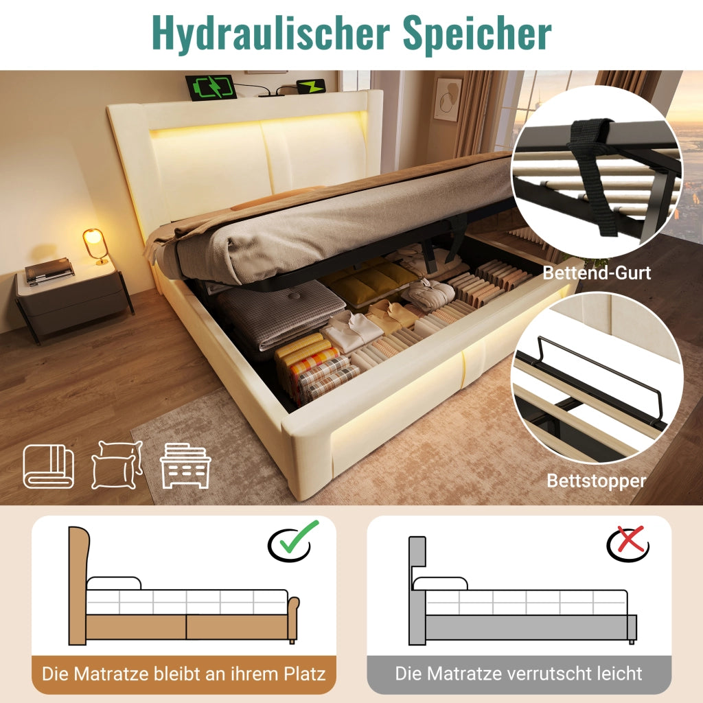 LETTO Singolo 90x200 cm in velluto beige con LED e porte USB/Type-C