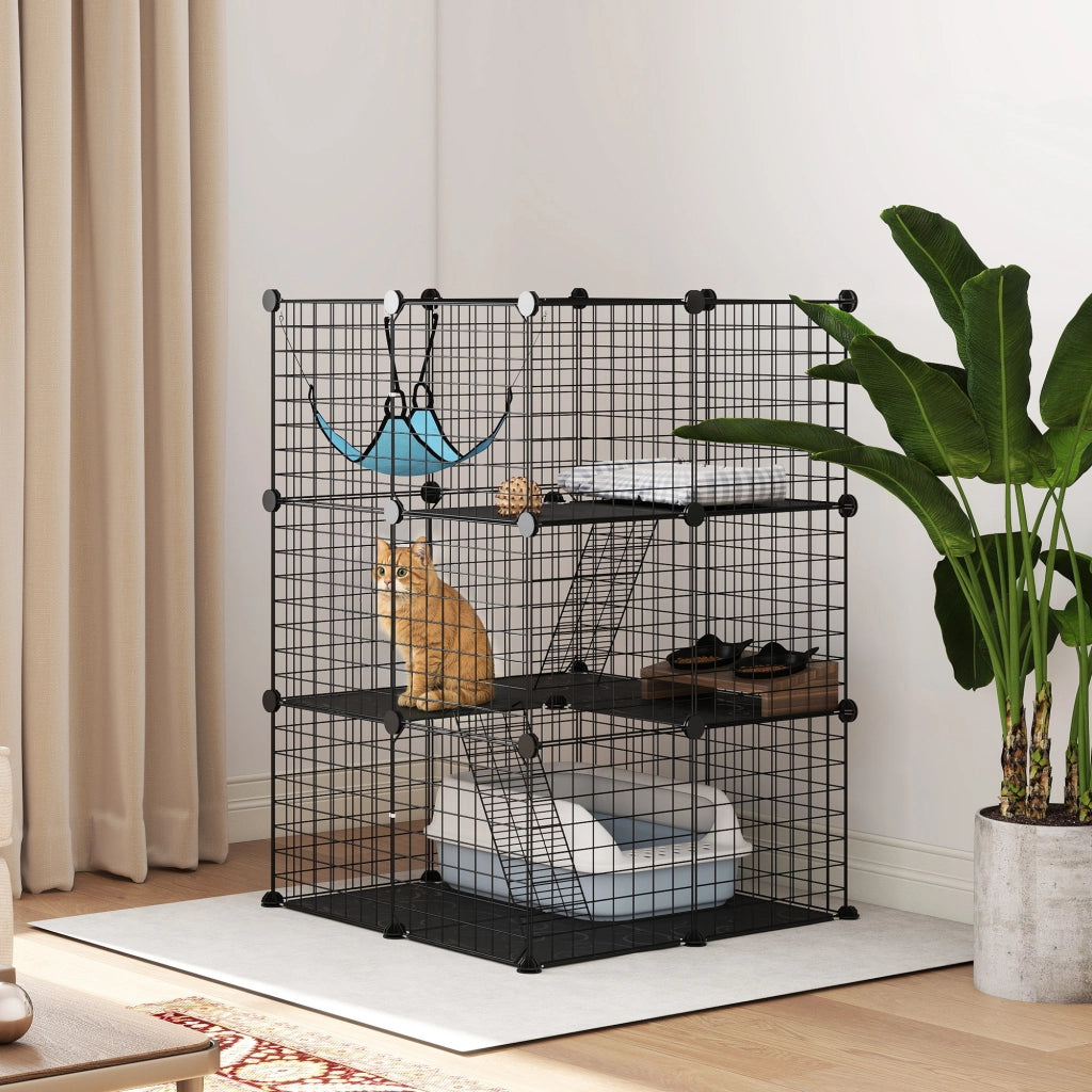 Gabbia per Gatti Recinto Personalizzabile 3 Livelli, 105cm, Nero