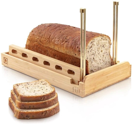 Macchina per tagliare il pane in bambù - Guida di taglio regolabile 16,5 cm - 4 opzioni di spessore - Inclusa lama per crumb - Duraturo e di alta qualità - Tagliatore di pane