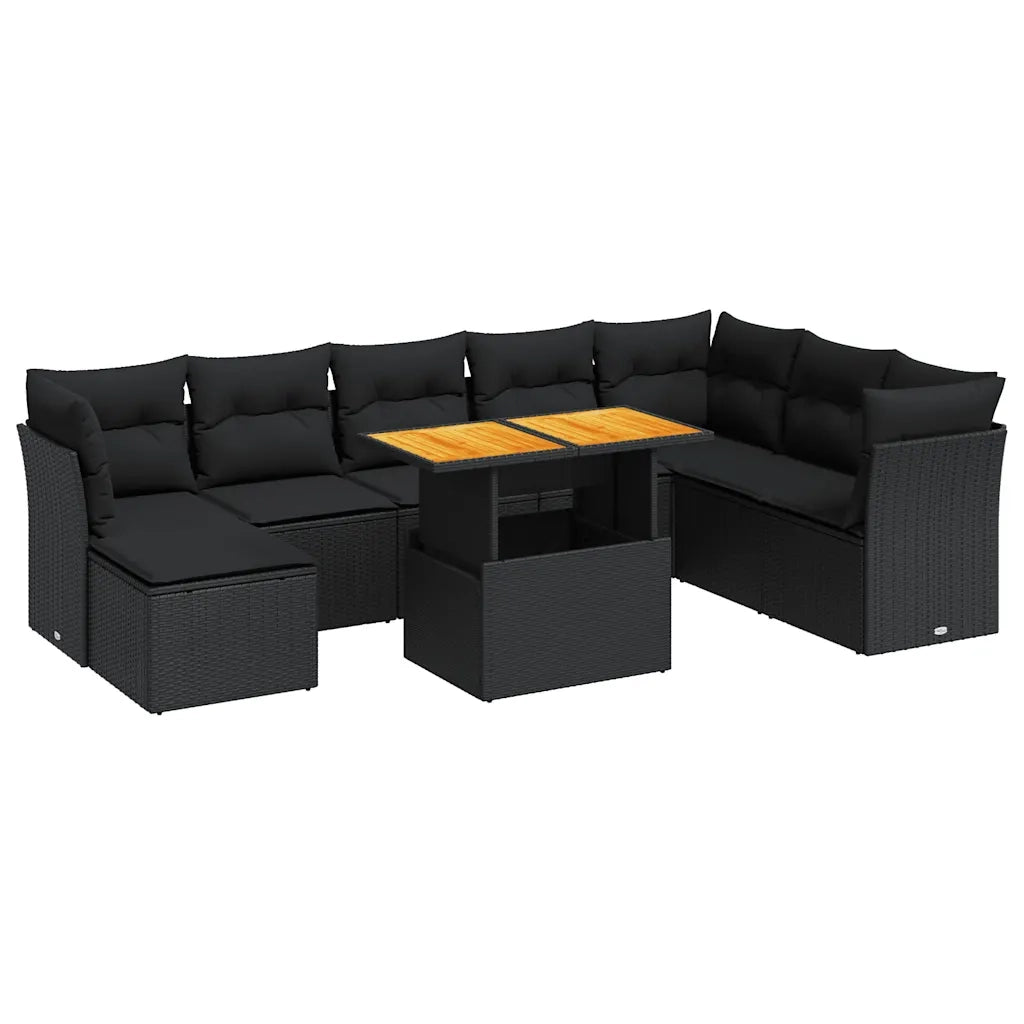Set Divani da Giardino 9 pz con Cuscini Nero in Polyrattan 3326960