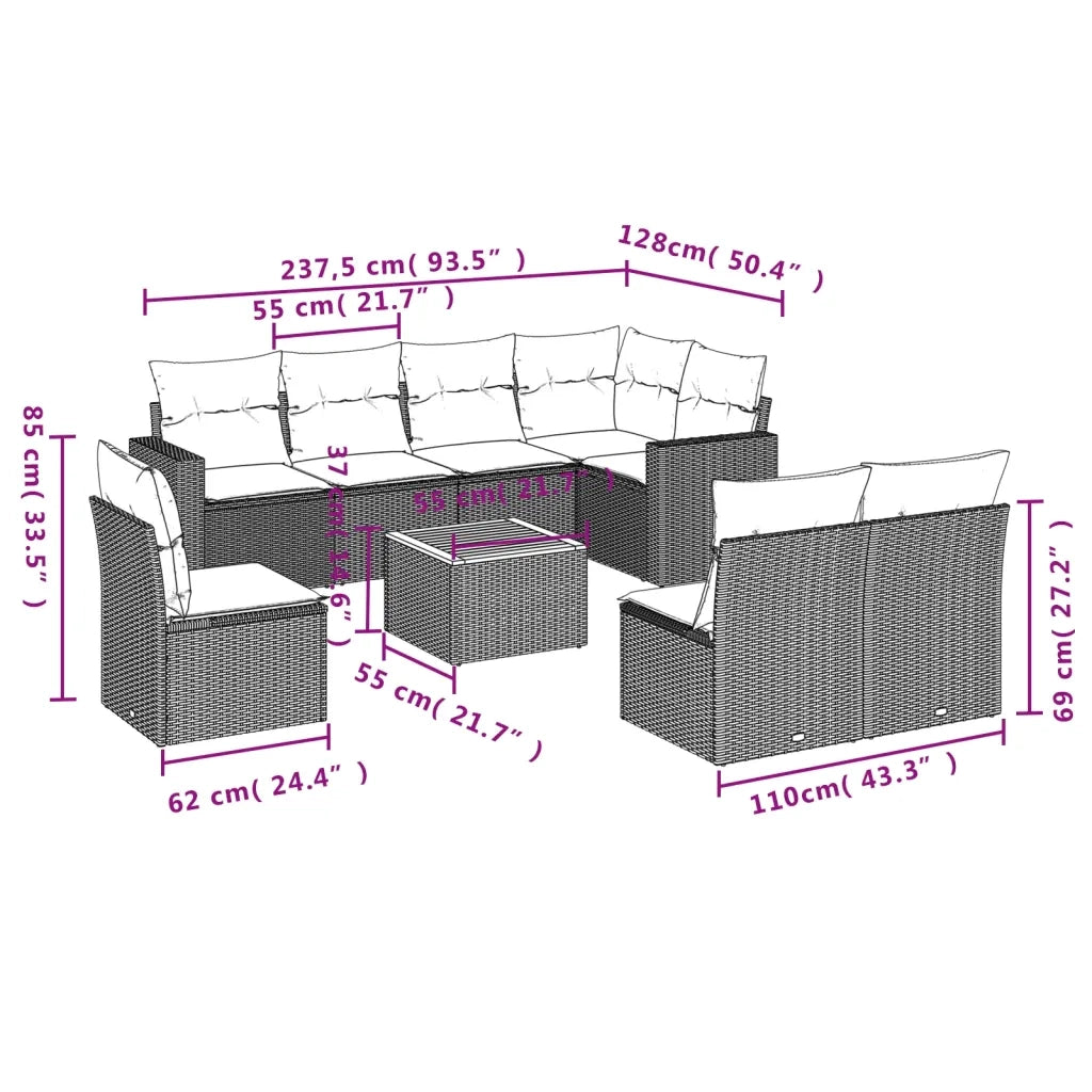 Set Divano da Giardino 9 pz con Cuscini Beige in Polyrattan 3224162