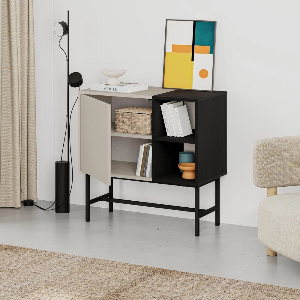 Mobile multiuso Mona Mini con anta cashmere e due vani a giorno neri 81x40x80H