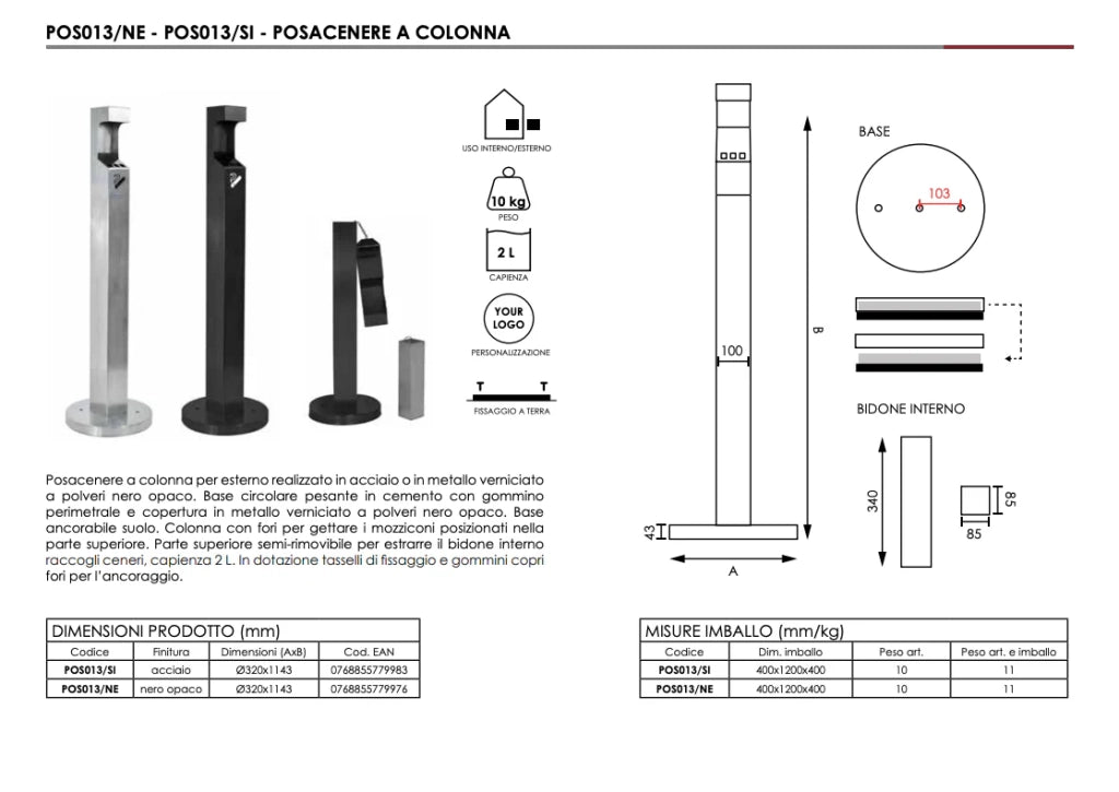 Posacenere a colonna da esterno Silver o Nero - Nero