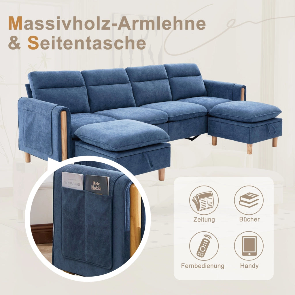 Divano angolare modulare a U 4 posti con contenitore e braccioli, in Chenille Blu