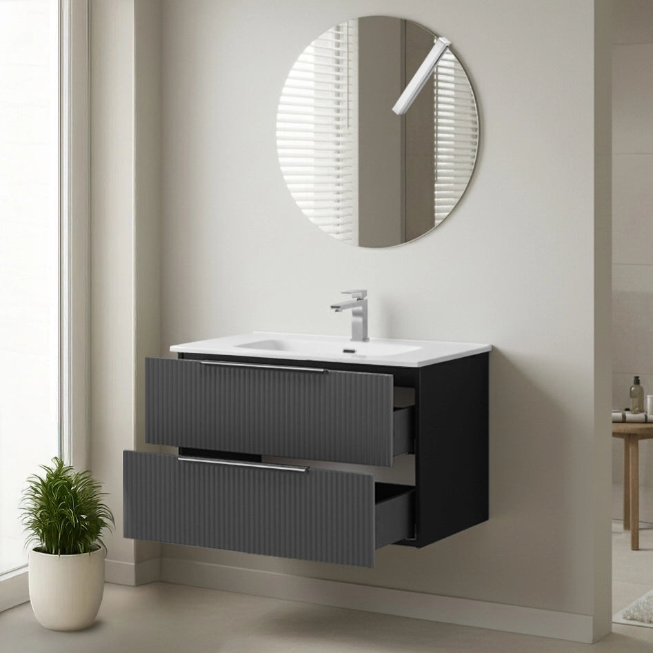 Mobile bagno sospeso 80 cm bicolore grigio cannettato e nero con lavabo  e specchio Zena