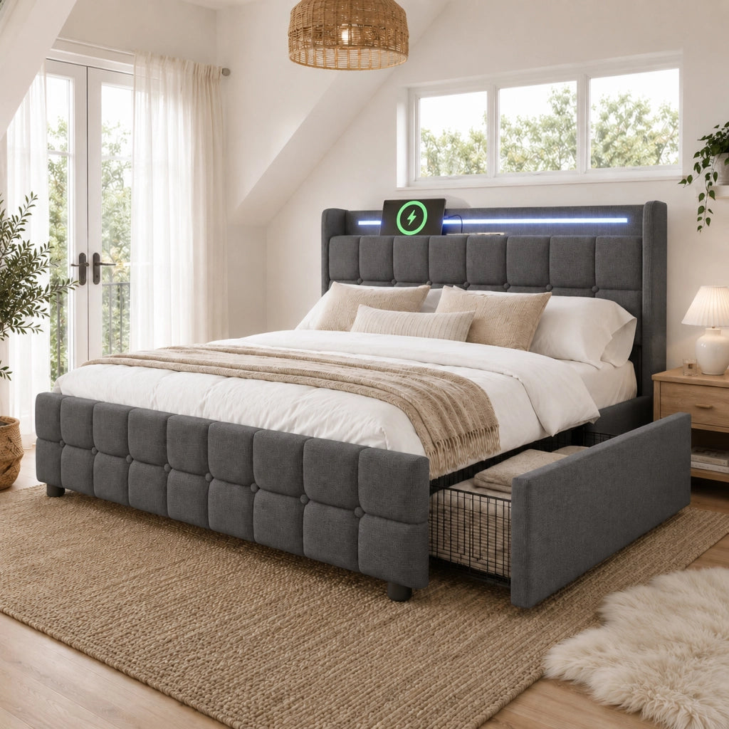 LETTO imbottito 180x200 cm grigio con USB, prese, LED e 4 cassetti