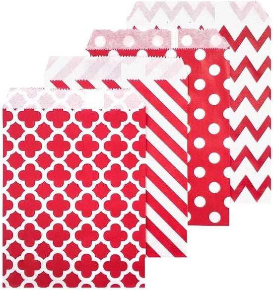 Sacchi di carta per alimenti stile vintage, sacchi di carta a strisce per snack e accessori - 100 pezzi - rosso - 13x18cm.