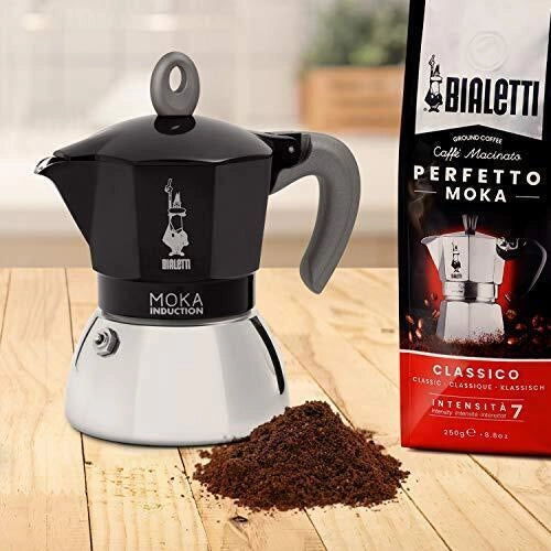 Bialetti 6932 Moka Induction Caffettiera Moka 2 Tazze 100 ml Caldaia Bi-Layer Compatibile Induzione colore Nero
