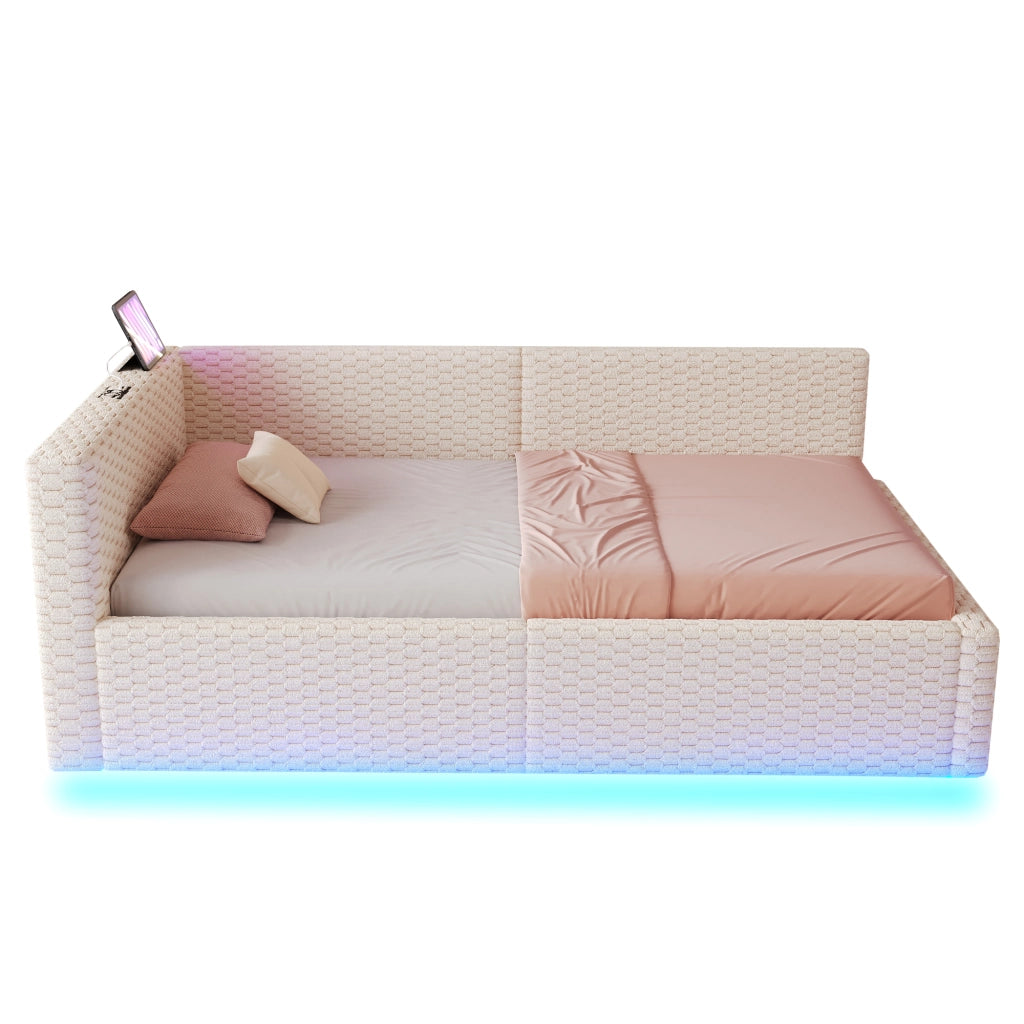 Letto con testata illuminata a led in velluto beige 90x200 cm