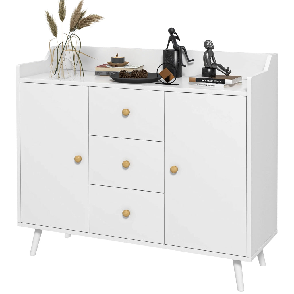 Credenza Moderna con 2 Ante e 3 Cassetti ¨C Minimal ¨C Bianco Legno Pino 90x32x80