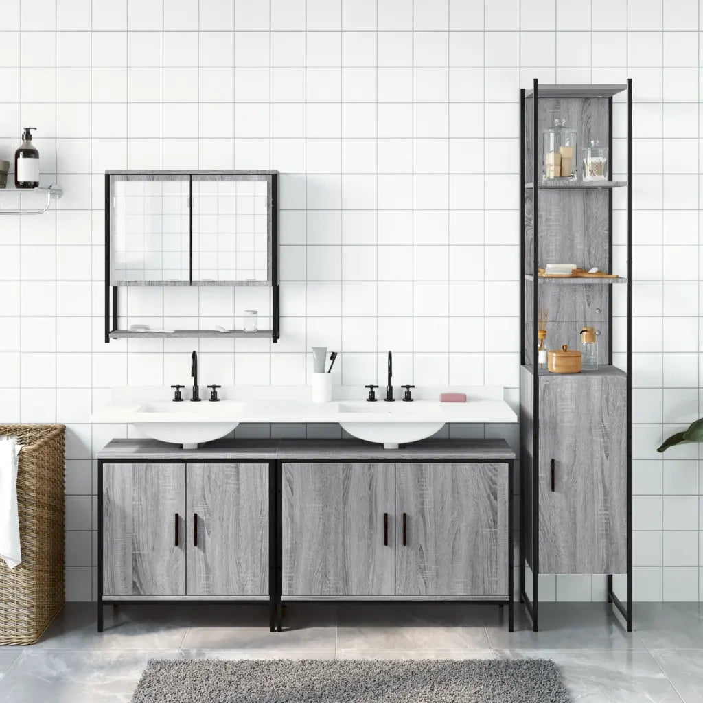 Set Mobili da Bagno | Armadio da bagno 4 pz Grigio Sonoma in Legno Multistrato