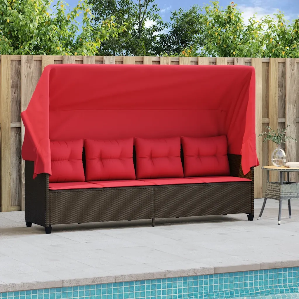 Lettino Prendisole con Baldacchino e Cuscini Marrone Polyrattan 368341