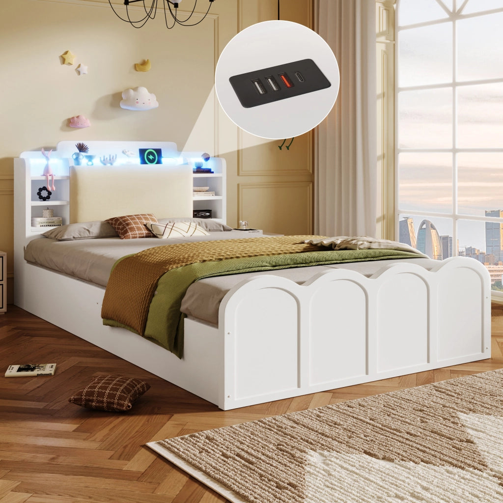 Letto Contenitore con LED e USB ¨C MINIMAL ¨C 90x200, Bianco, Idraulico