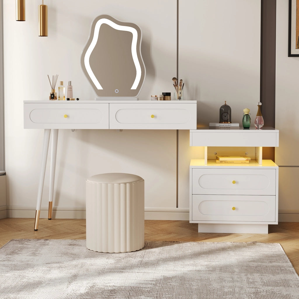 TOELETTA Con specchio LED 140x40x130 cm Bianco con 4 cassetti