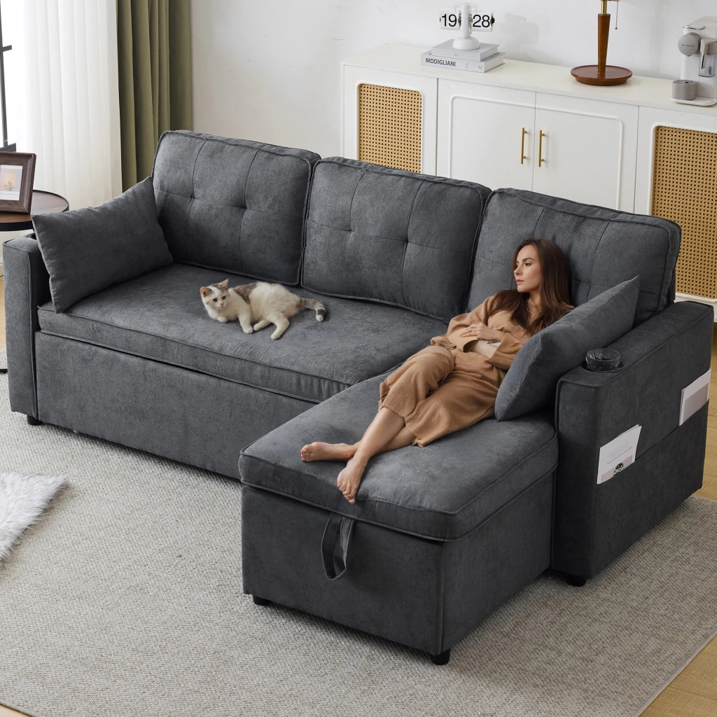 Divano letto L - Zephmum - Design moderno, bracciolo con portabicchieri, stoccaggio