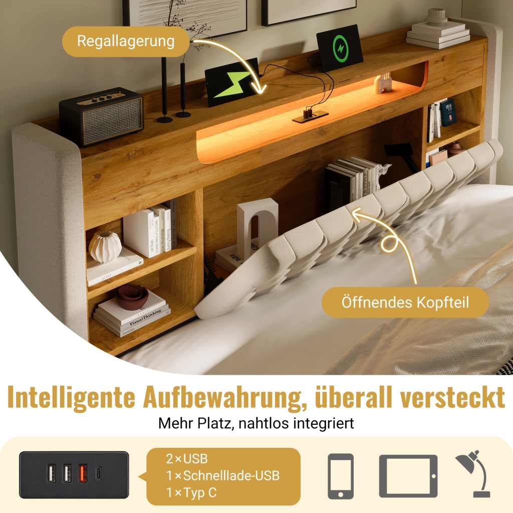 LETTO 90x200 cm in Lino Beige con LED, porte USB e testiera con ripiano