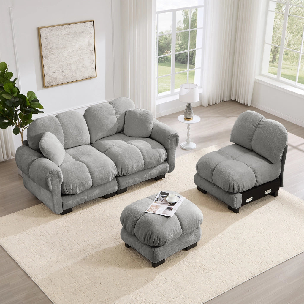 Divano angolare 3 posti con pouf mobile e cuscino, in Chenille, Grigio chiaro