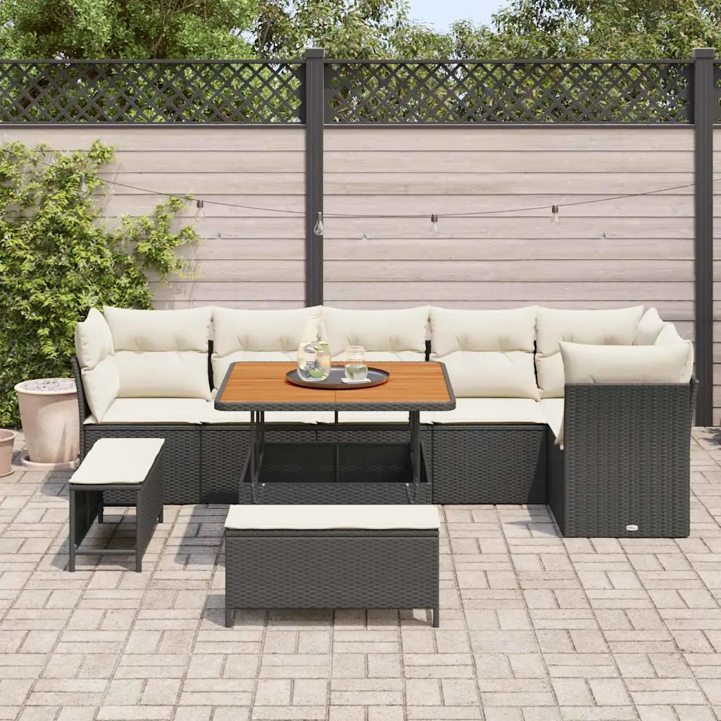 Set Divano da Giardino con cuscino 9 pcs Nero e crema