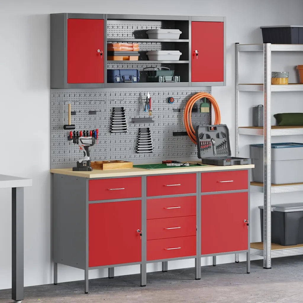 Mobile da lavoro 7 pcs Rosso Legno ingegnerizzato e acciaio 3321443
