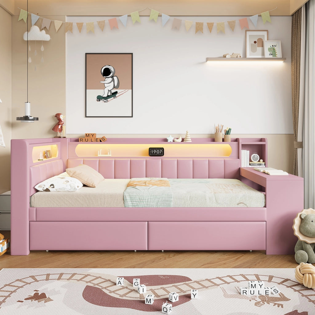 Lettino con scrivania 90x200; porte USB; striscia LED; 2 cassetti; rosa