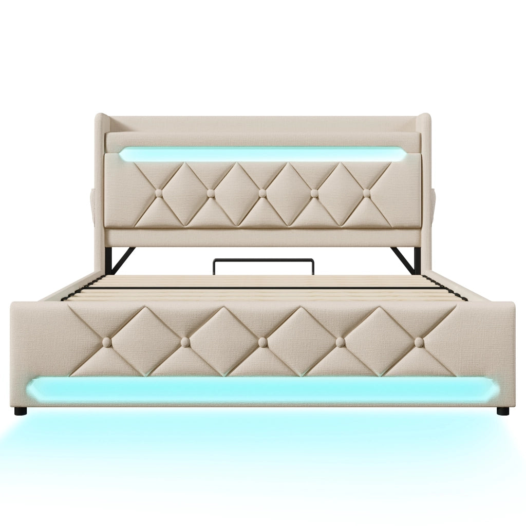 Letto Contenitore Imbottito Matrimoniale con LED e USB ¨C MINIMAL ¨C Beige 140x190