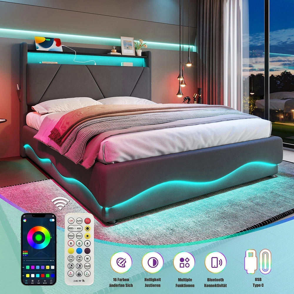Letto 140x200cm imbottito - Xylo - LED USB ripostiglio idraulico