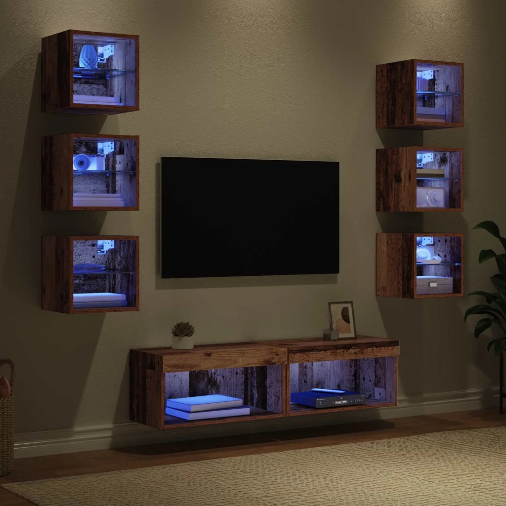 Mobile TV con luci a strisce a LED 8 pz-Credenza TV-Console TV Legno vecchio Vetro
