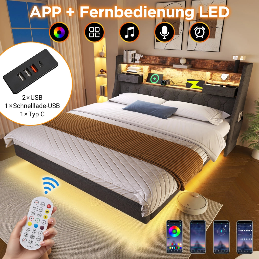 LETTO 160x200 cm in lino grigio con LED e materasso incluso