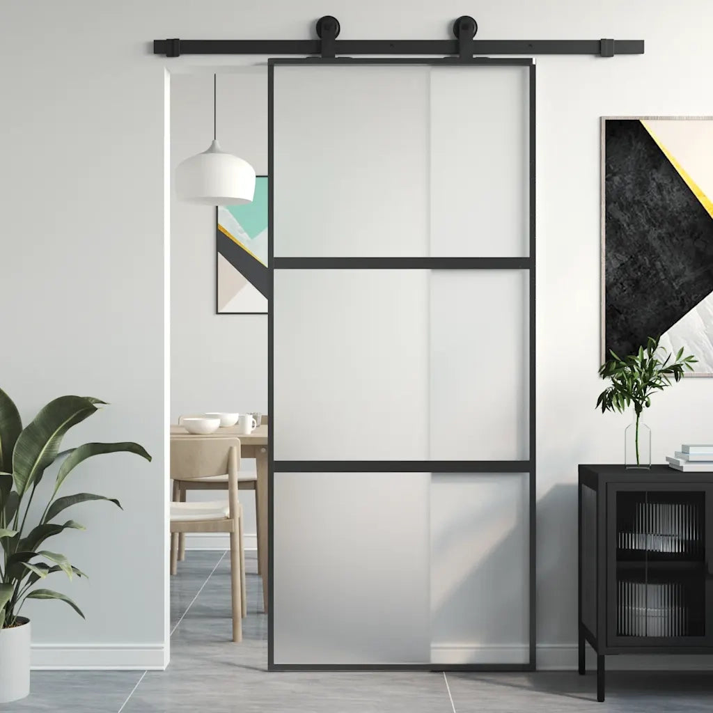 Porta Scorrevole Nera 90x205 cm in Vetro Temperato e Alluminio 155199