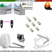 AUTOMAZIONE CANCELLO KIT MOTORE A BRACCIO ARTICOLATO 230/24 V ANTA BATTENTE DA 0,5 A 2,5 MT CENTRALE 7 RADIOCOMANDI FARO FOTOCELLULE