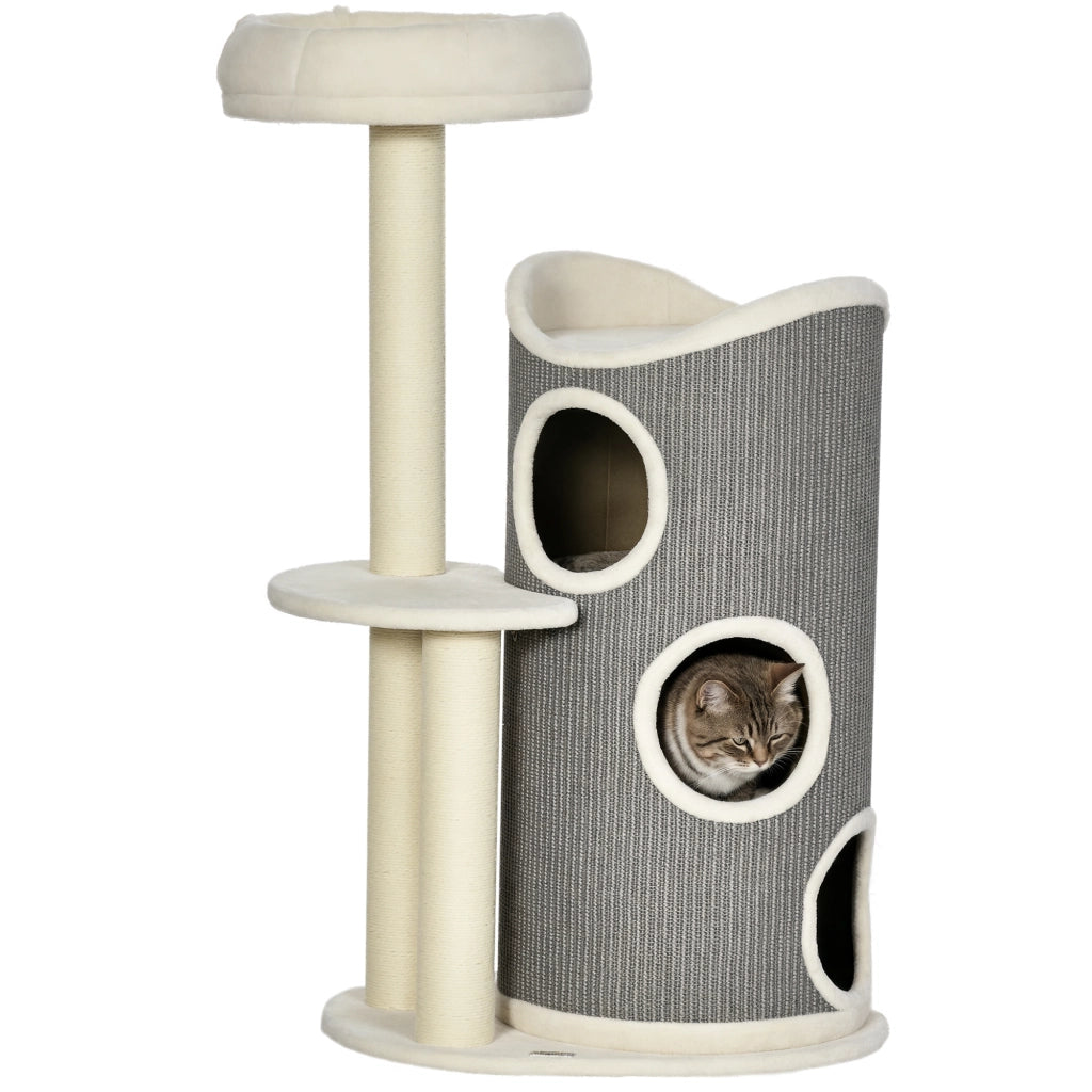 Tiragraffi con cuccia e torre ¨C Xylo ¨C grigio, naturale, bianco 60x44,5x109 cm