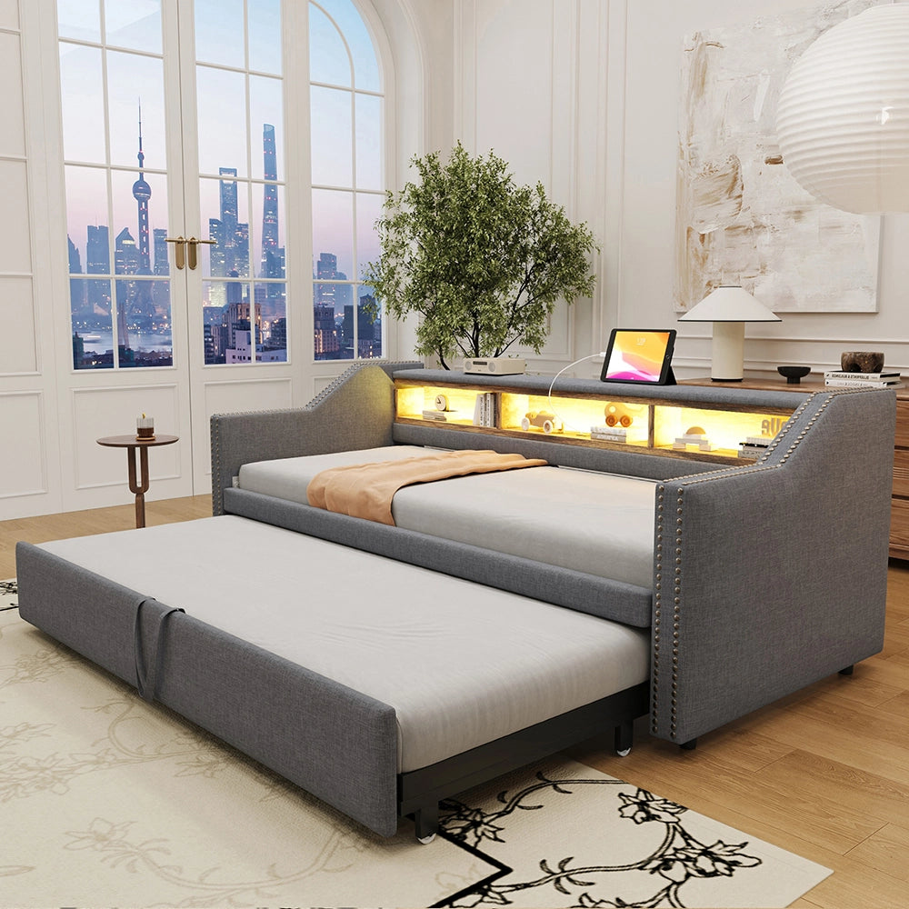 Divano letto - Xylo - 90/180x190 cm LED USB grigio scuro