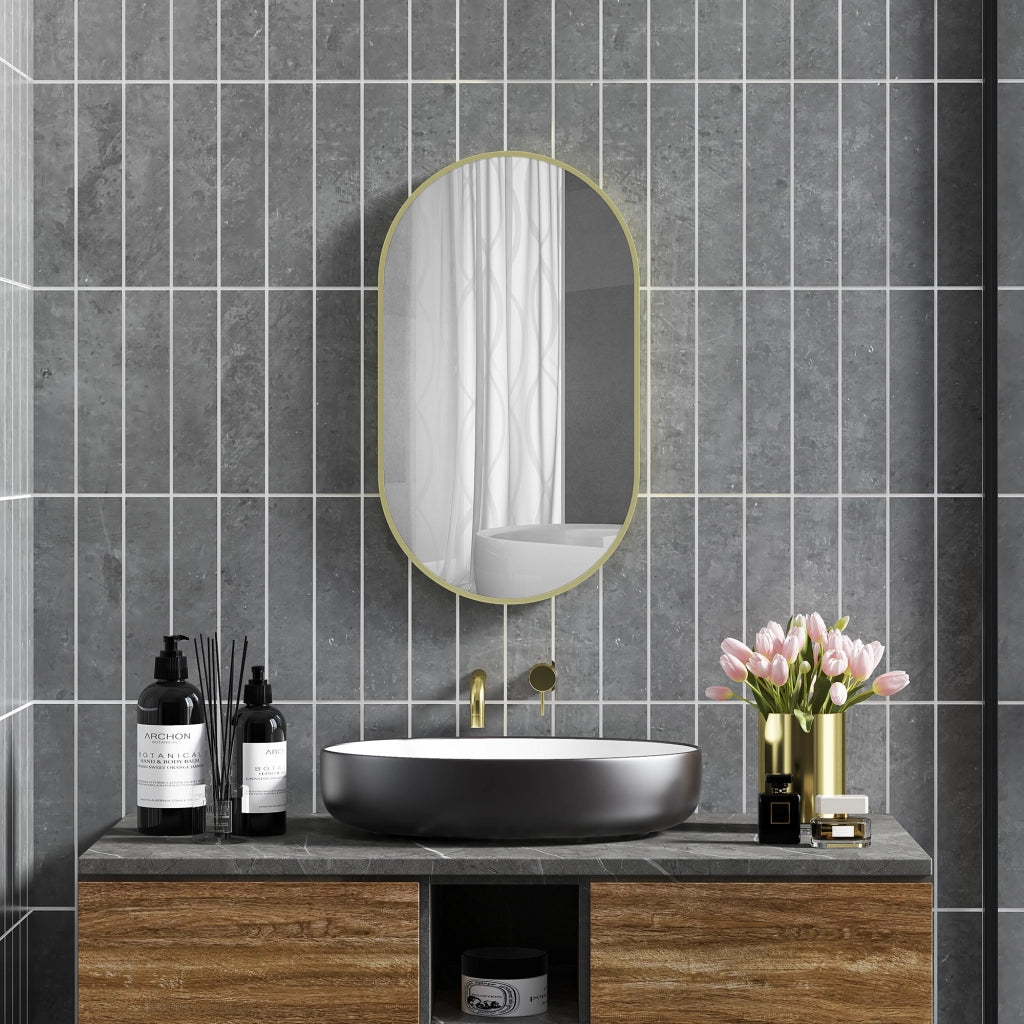 Specchio da Bagno Ovale con Cornice in Alluminio ¨C Minimal ¨C 40x70 cm Dorato