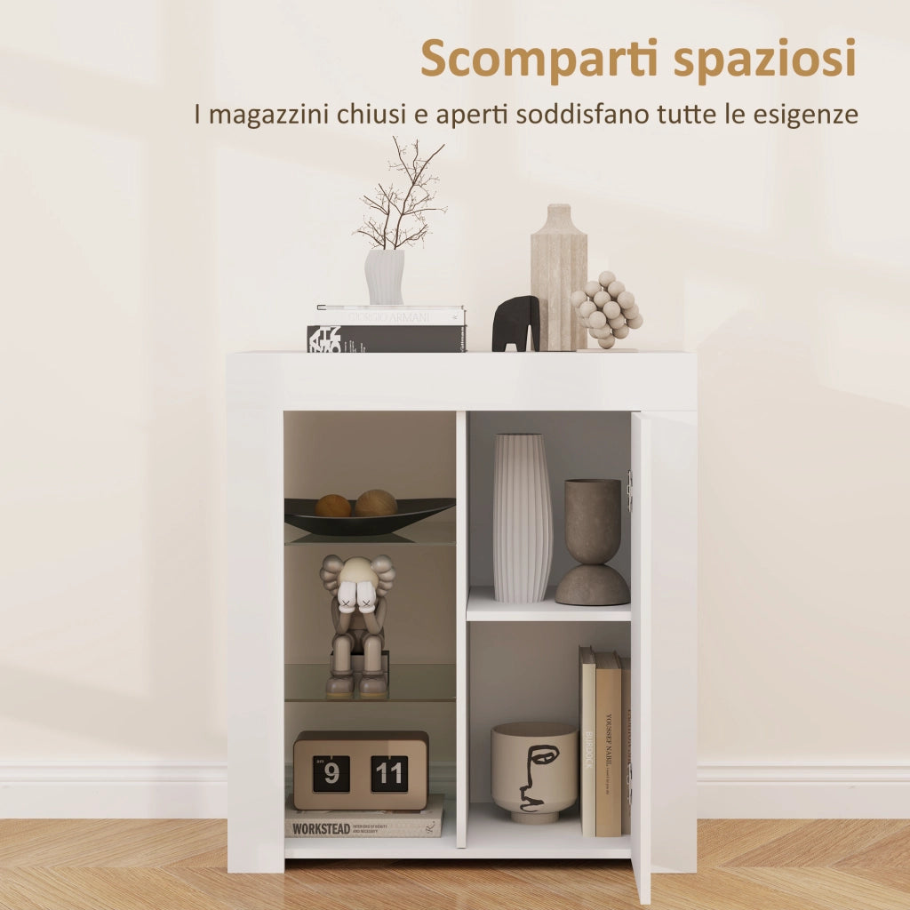 Mobile Contenitore a LED con Ripiani e Armadietto ¨C zephmum ¨C Legno e Vetro, Bianco, 75x40.1x83 cm