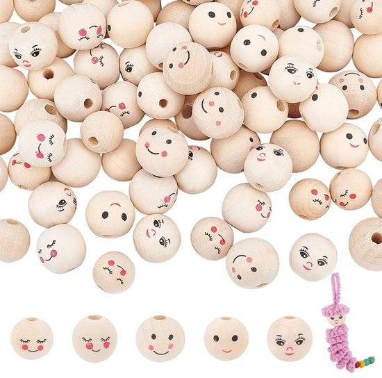 Kralen in Legno 100 Pezzi - Smiling Face Beads - 5 Stili - Legno Naturale - Attività di Fai da Te - 15/18 mm