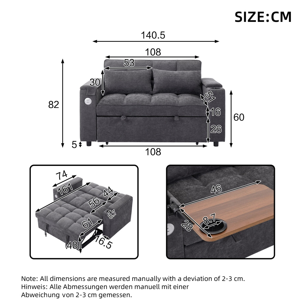 DIVANO LETTO 140,5x74x82 cm Grigio in tessuto con USB e Tipo C