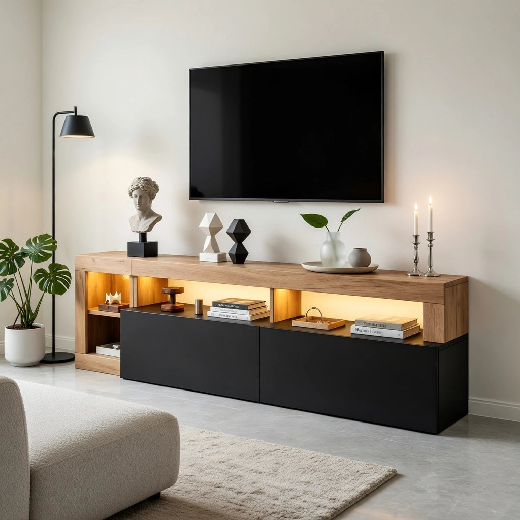 Cassettiera TV nera in truciolare lunga 184 cm