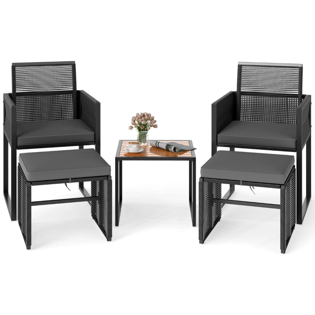 Set da giardino in rattan PE da 5 pezzi con pouf, Poltrone lounge da giardino salvaspazio Nero