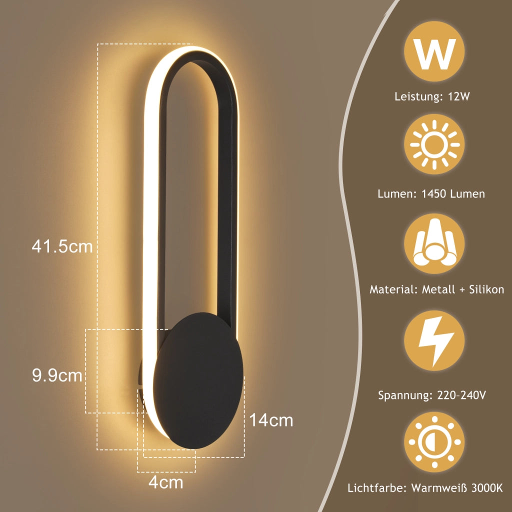 ZMH Applique LED 12w 41cm 3000k Nero Design moderno e minimalista