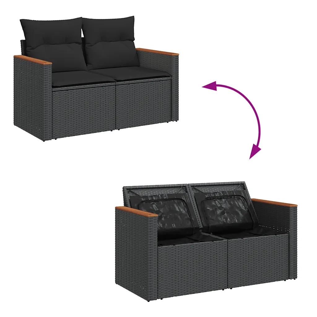 Set Divano da Giardino 6 pz con Cuscini Nero Polyrattan Acacia 3327450